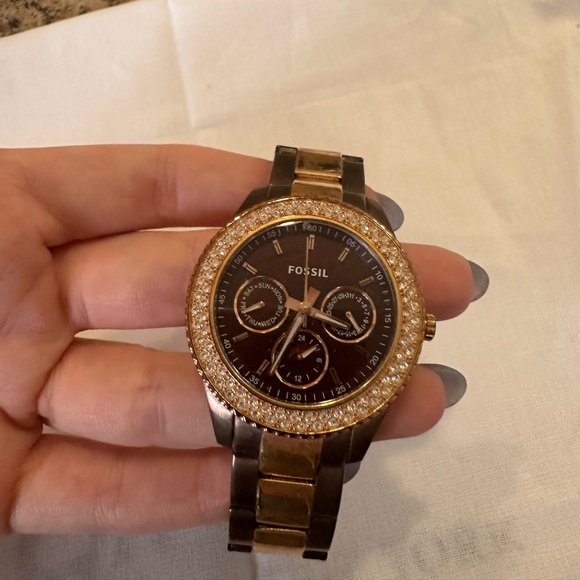 Fossil Watch Brown and Gold Tones with Rhinestones, All Stainless Steel - Picture 4 of 5
